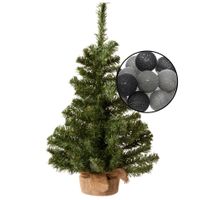 Mini kunst kerstboom groen - met verlichting bollen zwart/grijs - H60 cm - thumbnail