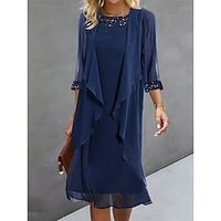 Dames Tweedelige jurkenset Casual jurk Chiffon jurk Buiten Dagelijks Elegant Modieus Lapwerk Paillet Halflange jurk Strakke ronde hals 3/4 mouw Effen Normale pasvorm Marineblauw Herfst Winter S M L Lightinthebox - thumbnail