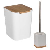 Badkamer/toilet accessoires set - WC-borstel in houder en prullenbak - wit - bamboe - 5 liter