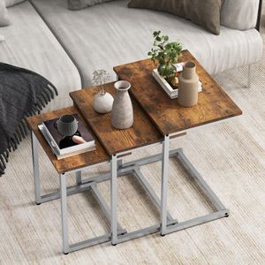 Set van 3 Nestbare Salontafels Stapelbare Vierkante Bijzettafels Houtnerfblad Stevig Metalen Frame Multifunctioneel C-Vormig Bruin