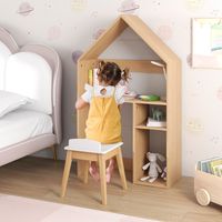 2 In 1 Kinderbureau in de Vorm van een Huis met Schoolbord Kindertafel en Houten Stoel Anti-Kantelbeveiliging Boekenkast Wit + Natuur