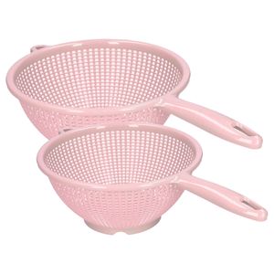 Keuken vergieten/zeef met steel - 2x stuks - kunststof - Dia 22 en 24 cm - roze