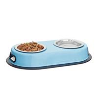 Relaxdays voerbak dubbel, met standaard, voederbak kat & kleine honden, hondenvoerbak, HxBxD: 5,5 x 33 x 18 cm, blauw