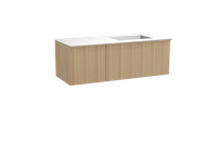 Balmani Forma zwevend badmeubel 135 x 55 cm naturel eiken met Tablo Stretto asymmetrisch rechtse wastafel in solid surface mat wit, Verticale asymmetrische ronde ribbel