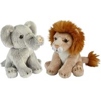 Safari dieren serie pluche knuffels 2x stuks - Olifant en Leeuw van 15 cm