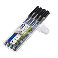STAEDTLER Lumocolor permanente universele stift, veeg- en waterbestendig, voor bijna alle oppervlakken, droogt in enkele seconden, navulbaar, 4 zwarte markers in gesorteerde lijnbreedtes, 31-9WP4GS