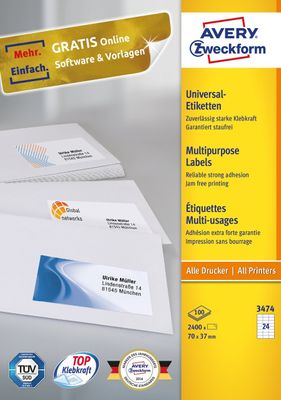 Avery-Zweckform 3474 Universele etiketten 70 x 37 mm Papier Wit 2400 stuk(s) Permanent hechtend Inkjet, Laser (zwart/wit), Laser (kleur), Kopiëren (zwart/wit),