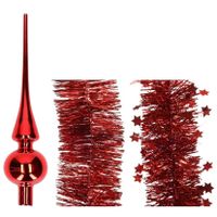 Kerstversiering glazen piek glans 26 cm en folieslingers pakket rood van 3x stuks - thumbnail