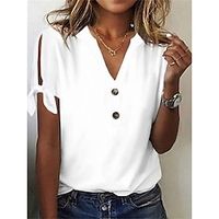 Dames T-shirt Geklede topjes Modaal Effen Kleur nappi Uitknippen Strik Casual Dagelijks Basic Korte mouw Gekerfde nek Wit Zomer Lente Lightinthebox - thumbnail