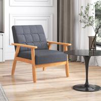 Mid-Century Moderne Accentstoel met Knopen Beklede Fauteuil met Ademende Linnen Stof en Massief Rubberwood Frame Grijs - thumbnail