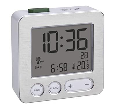 TFA Dostmann Radiogestuurd wekker, 60.2545.54, digitaal, weergave van de binnentemperatuur, met datum + achtergrondverlichting, klein, zilver, (L) 66 x (B) 22 x (H) 68 mm