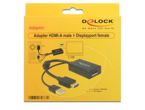 Delock 62667 HDMI / DisplayPort Adapter [1x HDMI-stekker - 1x DisplayPort bus] Zwart Vergulde steekcontacten, Met Ferrietkern 25.00 cm